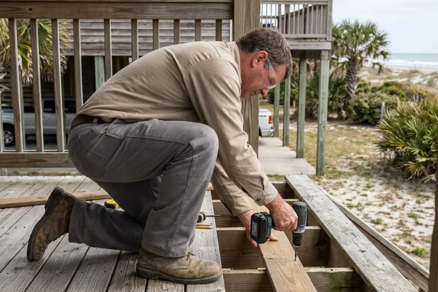 Carpenter replacing salt worn deck boards on a raised home in the Charleston barrier islands.