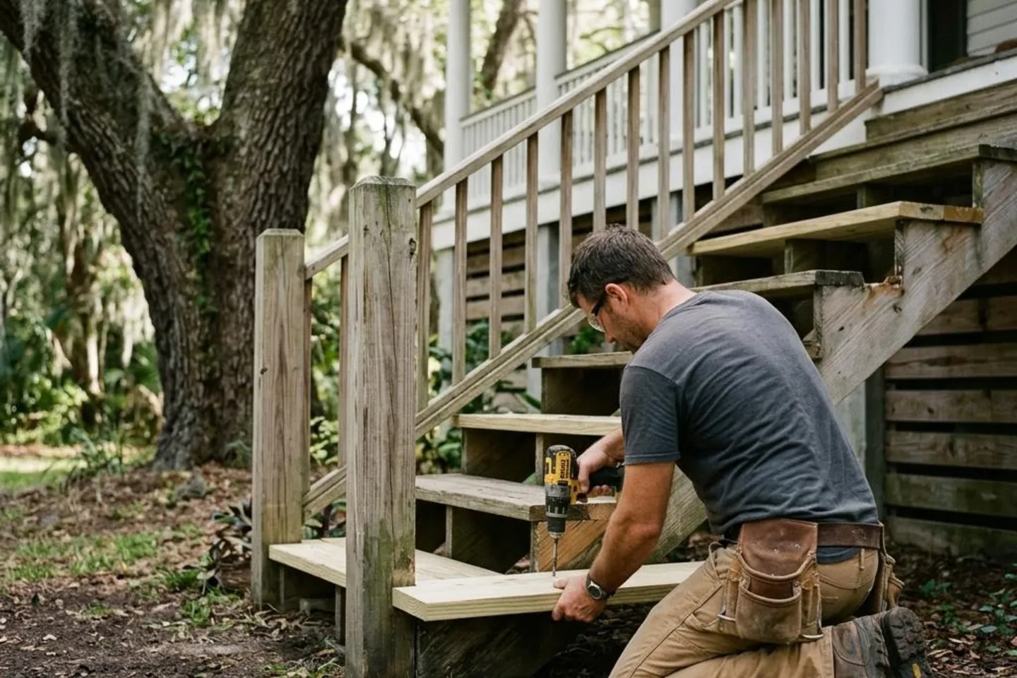 Carpenter repairing deck stair stringers and treads on a James Island home.