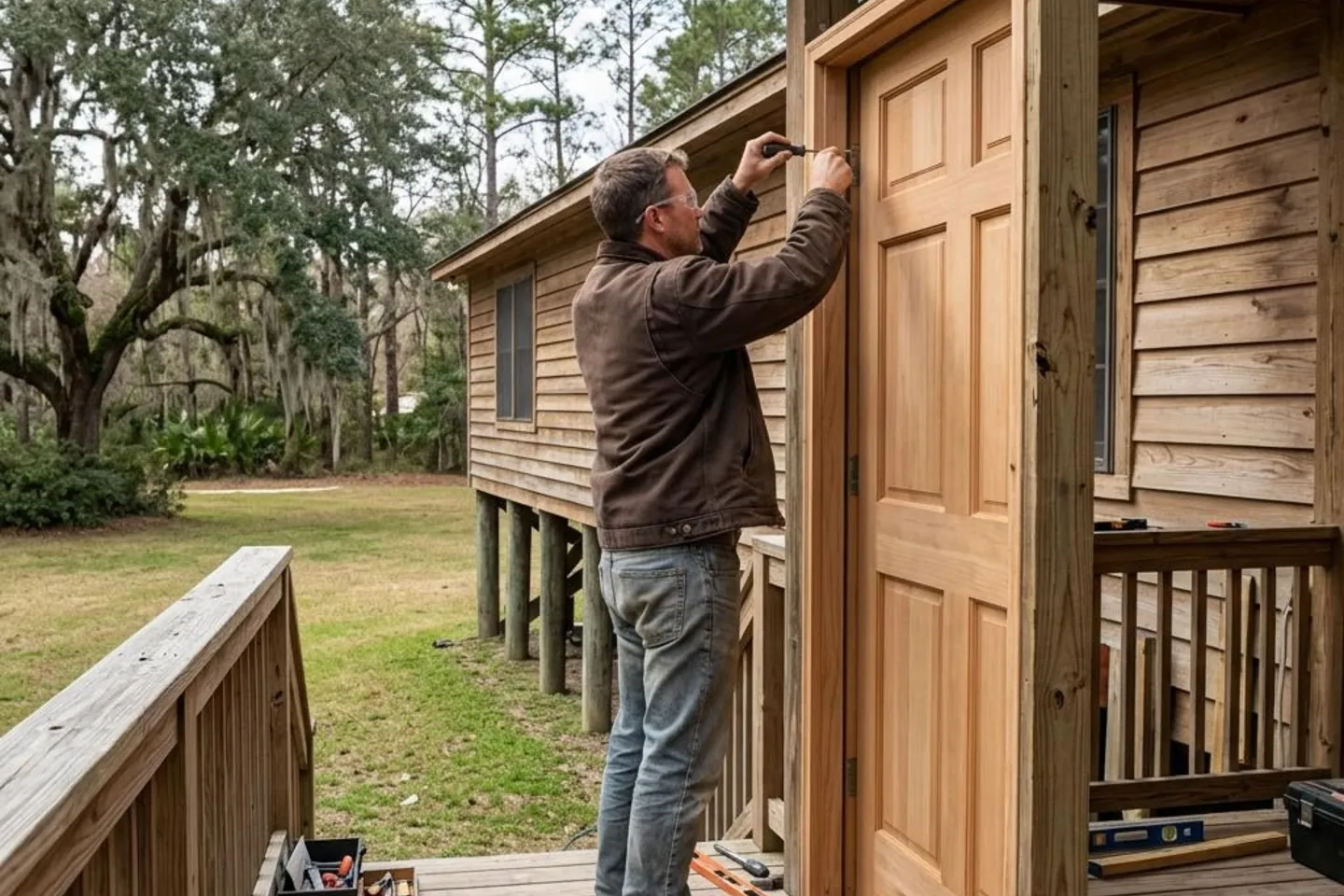 Carpenter hanging a standard size exterior entry door on a Johns Island home.