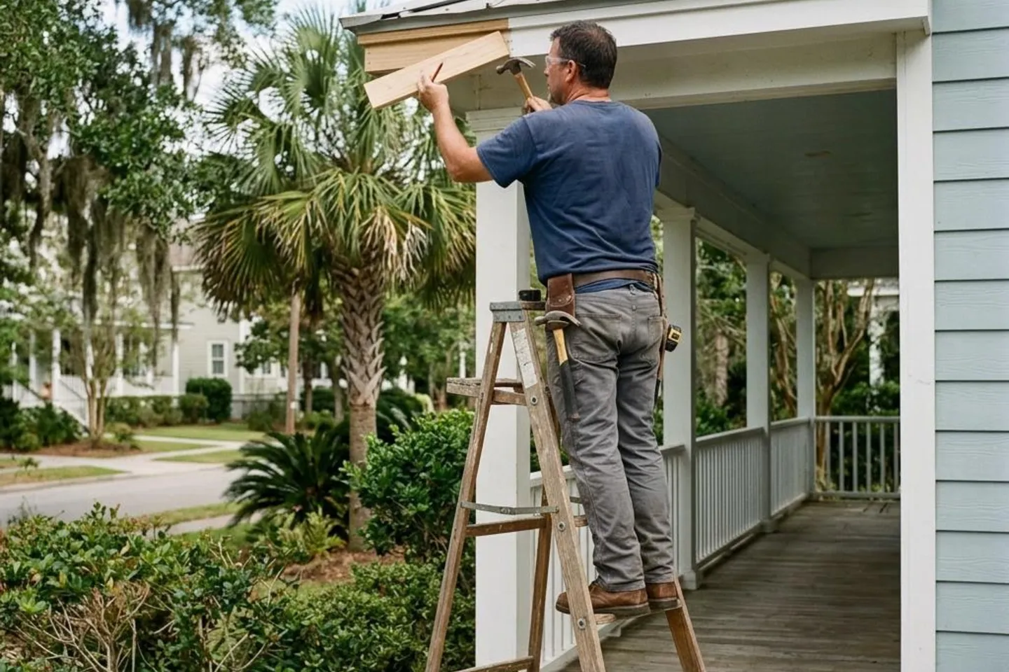 Carpenter replacing a damaged fascia and trim board on a Mount Pleasant home.