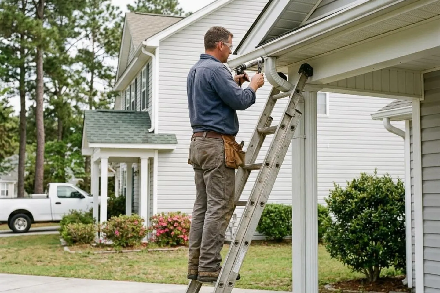 Contractor reattaching and sealing a gutter on a Goose Creek home.