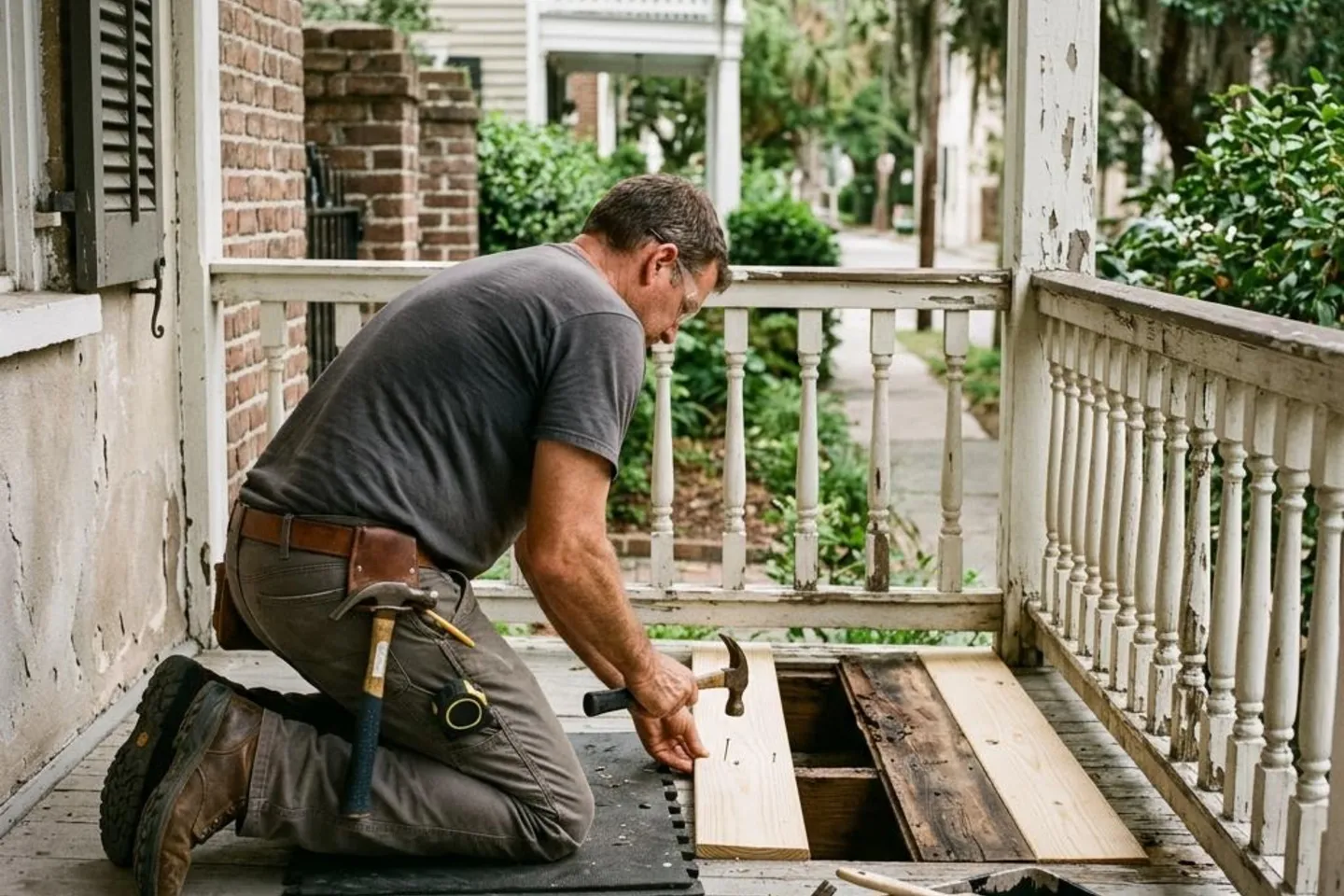 Carpenter replacing a rotted piazza floor board on a Charleston home.