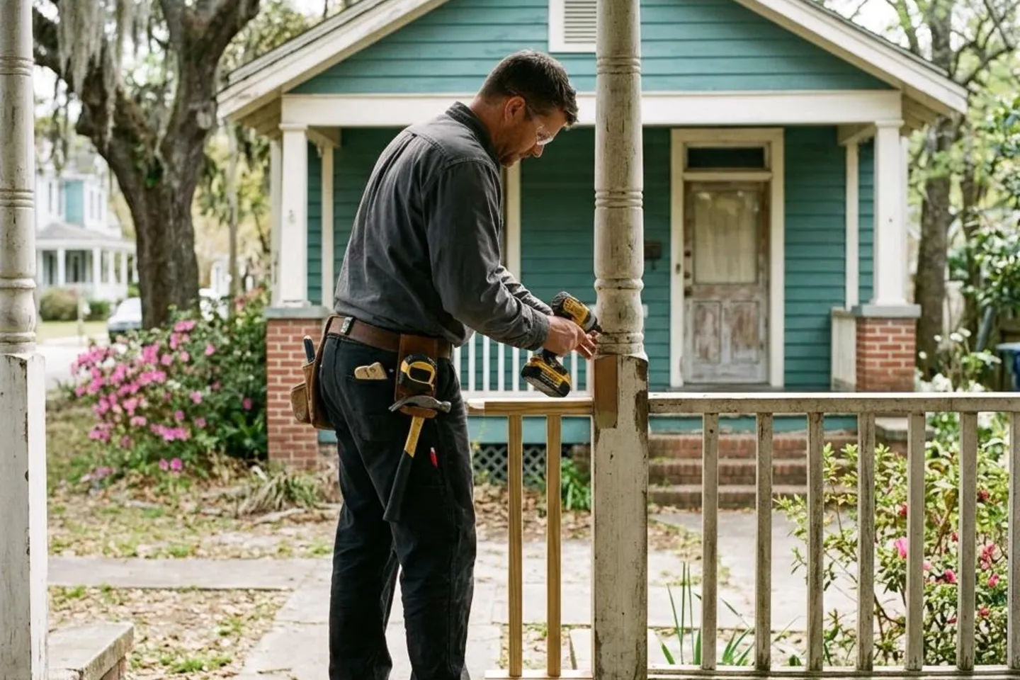 Carpenter repairing a front porch railing on a North Charleston bungalow.