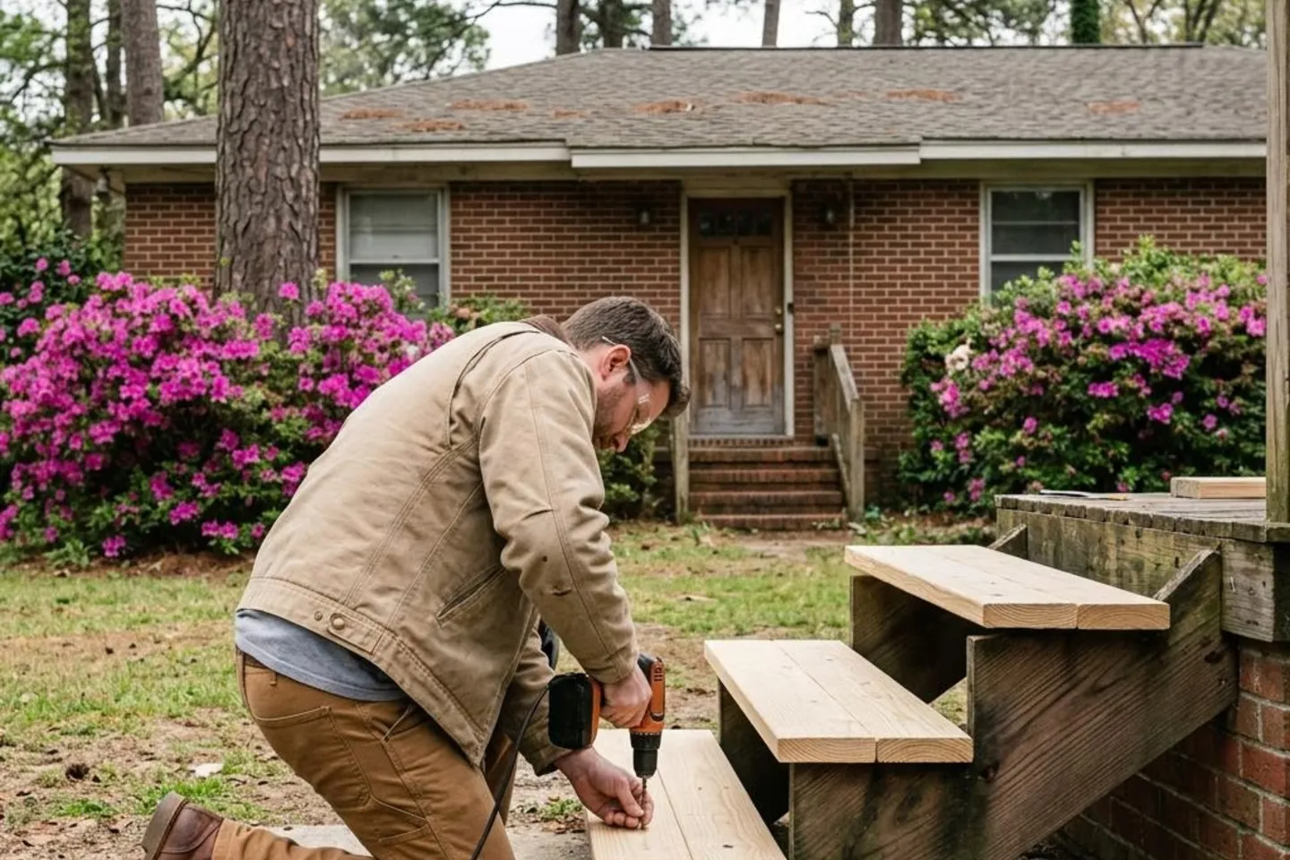 Carpenter replacing worn front porch step treads on a Summerville brick ranch.