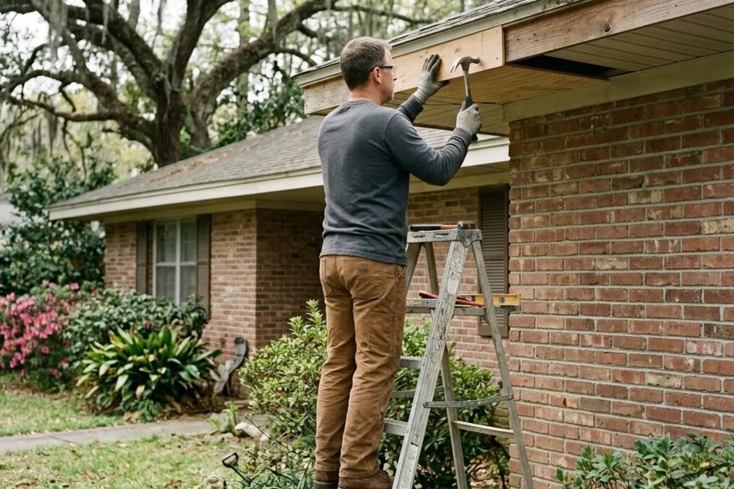Carpenter repairing soffit and fascia on a West Ashley brick ranch.